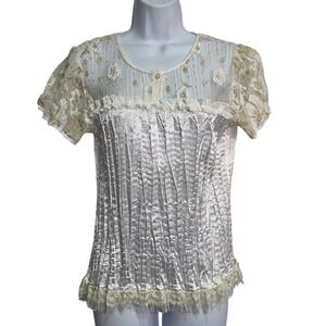 Vintage Alberto Makali Satin‎ Pleated Lace Top Embroidered Gold Floral Women's L